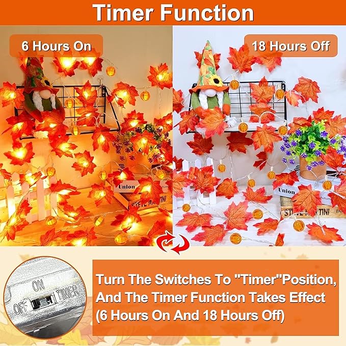 3 Pack&Timer - Fall Decor Fall Garland with Pumpkin Lights Thanksgiving Fall Decorations for Home, 30Ft 60LED 3D Pumpkin Fall Lights Patented Enlarged Maples Leaf Battery Operated Halloween Decor