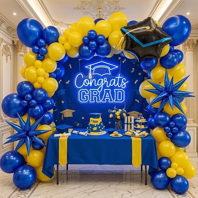 kozee royal blue and yellow balloon garland arch kit 150+pcs with graduation cap Blue star mylar balloons for Men birthday 2026 Graduation Ceremony Prom decorations