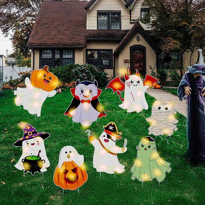 Amyhill 8 Pcs Lighted Cute Ghost Yard Signs Halloween Decorations Outdoor Yard Stakes Spooky Pumpkin Ghost Witch Garden Signs with Stakes for Halloween Happy Boo Party Lawn Patio Outdoor (Classic)