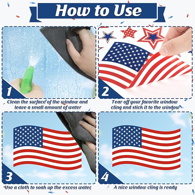 152 Pcs 4th of July Window Clings, 9 Sheets Patriotic Window Clings Decals, Watercolor Double-Sided American Flag Stars Firework Window Stickers for Independence Day Parade Veterans Memorial Day Decor