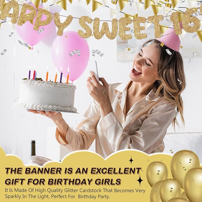 Fulmoon Pre Strung Happy Sweet 16 Banner Glitter Sixteenth Birthday Party Decorations 16th Party Sign Sweet 16 Party Decorations for Birthday Party Bachelorette Party(Champagne Gold)