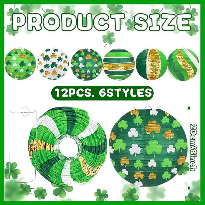 ADLKGG St Patricks Day Decorations Paper Lanterns, 8" Round Hanging Green Clover Lanterns for Irish Party Saint Patricks Day, Easy to Hang Festive Indoor Outdoor Party Supplies, Classroom Decor, 12pcs