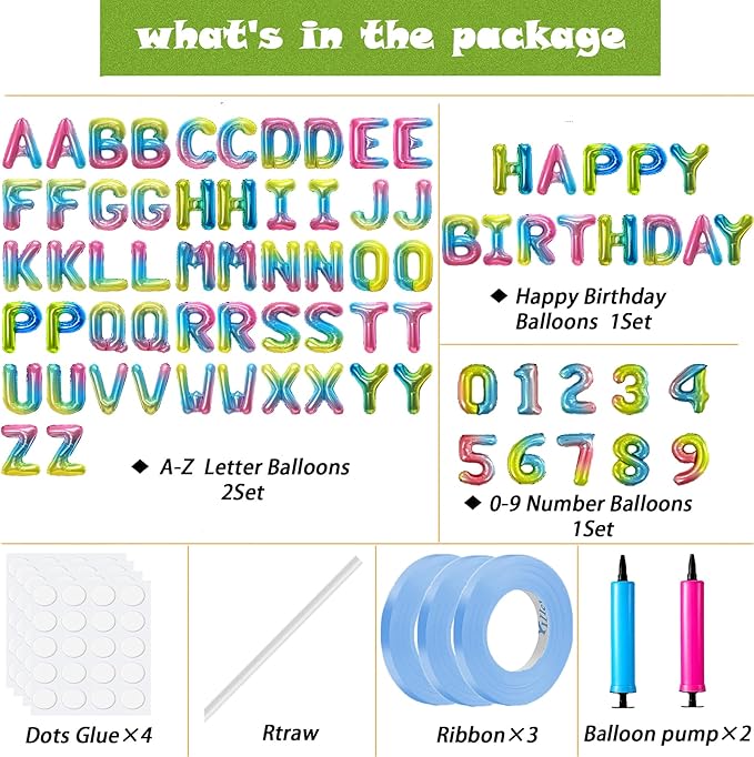 Happy Birthday Balloon Banner Custom Phrase Balloons letter 16 inch Personalized Alphabet Letters Foil Mylar Balloons (Rainbow)