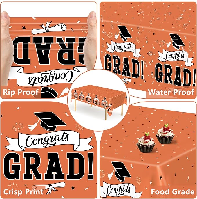 QZYL 2Pcs 2026 Graduation Table Cloths, 108" X 54" Orange Grad Party Decorations, Disposable Plastic Tablecover for Grad Decor Party Supplies, Rectangle Table Cloths for Class 2026 Congrats Grad