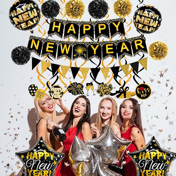 Famoby Happy New Year Paper Banner Triangle Flag Bunting Pom poms Swirls Streamers & Balloons for New year Party Decoration