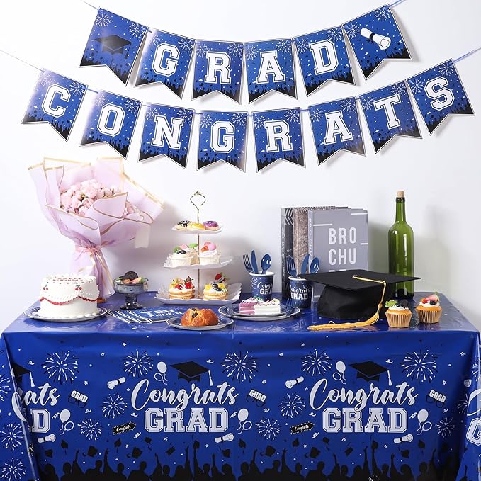 3 Pack Plastic Graduation Tablecloth, Graduation Decorations Class of 2026 Disposable Rectangle Blue Black Table Cover, 2026 Gongrats Grad Table Cloths for Graduation Party Decorations, 54x108