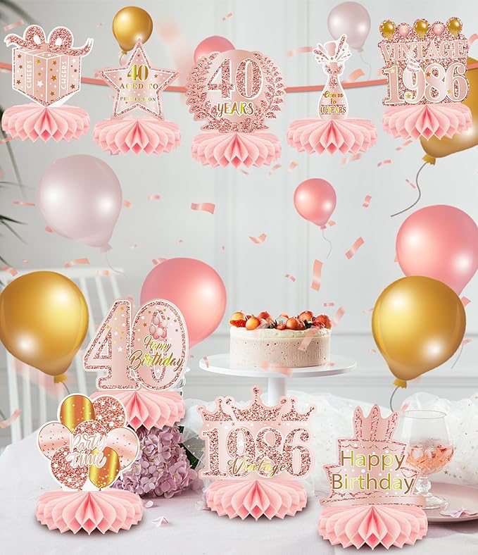 9 Pcs 40th Birthday Decoration for Women Happy 40th Birthday Table Honeycomb Decorations Rose Gold Pink Centerpieces Tables Toppers1986 Decor Cheers to 40 Years Old Birthday Party Favors