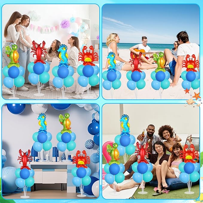 4 Sets Ocean Animal Theme Party Balloons Stand Kit with Sea Turtle Seahorse Lobster Crab Foil Balloons Party Balloon Centerpiece for Tables for Under the Sea Birthday Pool Beach Decoration
