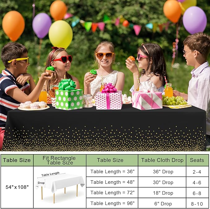misaya 6 Packs Dot Disposable Table Cloth, 54 x 108 Inch Waterproof Plastic Tablecloth, Rectangle Gold Dots in Black Table Covers for Easter, Picnic, Birthday, Party