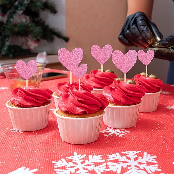30 PCS Heart Cupcake Toppers Glitter Sweet Love Theme Cupcake Picks Wedding Engagement Bridal Shower Birthday Valentine's Day Party Cake Decorations Supplies Mixed Size Pink