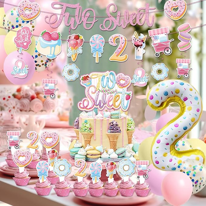Two Sweet Birthday Decorations - 2nd Birthday Banner Donut Theme Party Kit for Two Years Old with Macaron Balloon Garland and Candy Theme Supplies