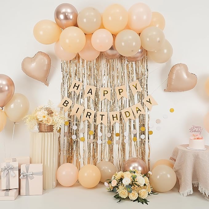 Beige Birthday Decorations,Happy Birthday Banner with Cream Nude Champagne Gold Balloon Heart Foil Balloons Fringe Curtain for Women Men Boho Baby Shower Party Decor