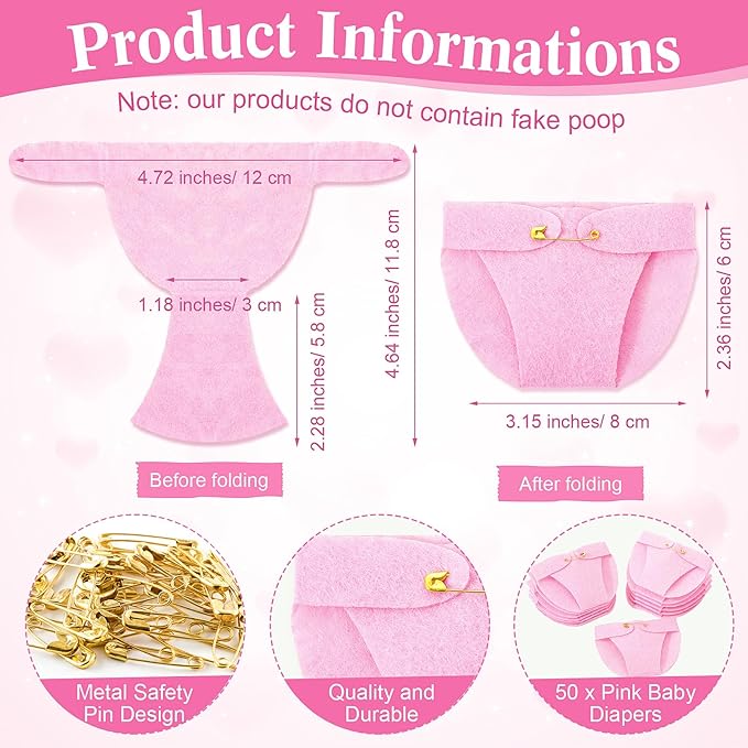 Roowest 51 Pcs Dirty Diaper Baby Shower Games Funny Wooden Sign with 50 Pcs Mini Diapers Cute Felt for Gender Reveal Party Baby Shower(Pink Flower)