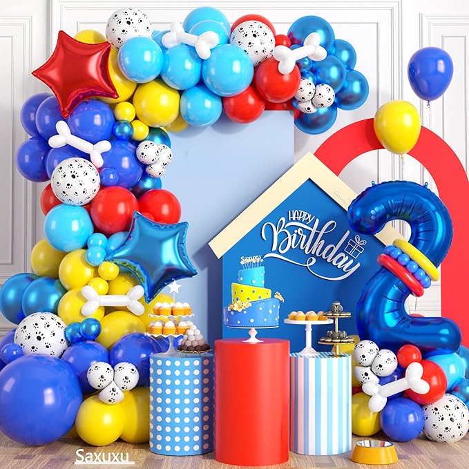2nd Birthday Decorations for Boy, Dog Paw Second Birthday Balloons Arch with Red Blue Yellow Latex Balloons and Number 2 Balloon Star Foil Balloon for Paw Party Supplies
