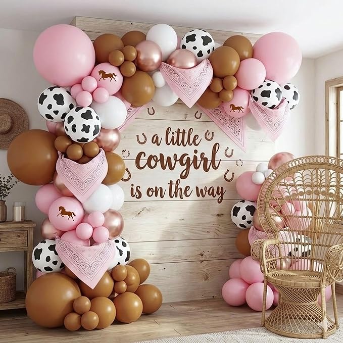 Cowgirl Balloon Arch Kit, Pastel Pink Brown White Rose Gold Balloon Garland with Cow Print and Paisley Bandana, for Rodeo Birthday Party, Western Baby Shower Decoration