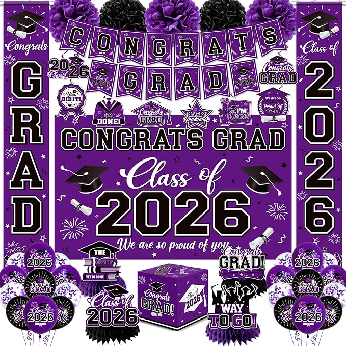 Graduation Decorations 2026 Purple Party Decor Set with Congrats Grad Banner, Class of 2026 Backdrop, Balloons, Box & Streamers Supplies for High School & College Celebrations
