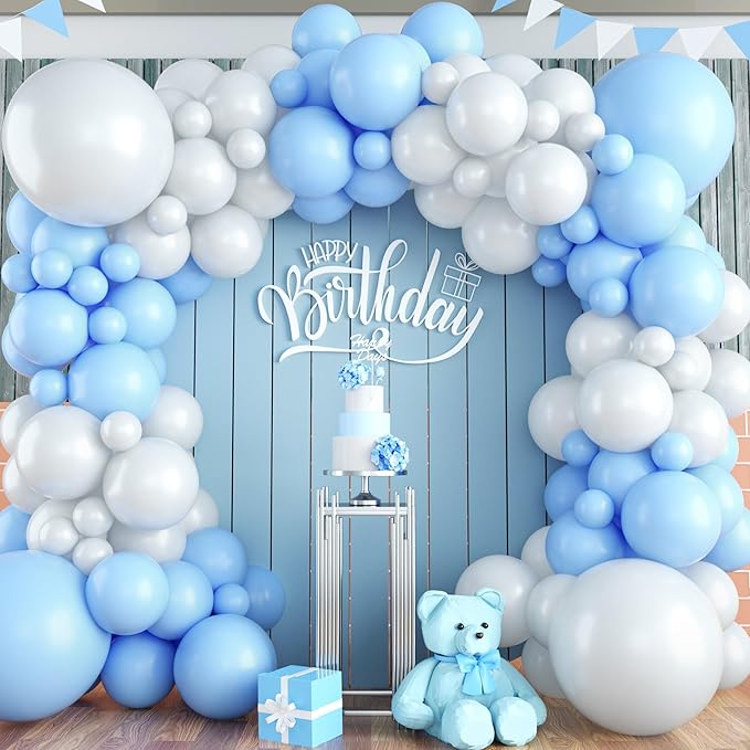 Blue and White Balloon Arch Kit, 100pcs Light Blue White Balloon Garland Kit with Different Sizes Balloons, Baby Blue Pastel Blue White Balloons for Baby Shower Wedding Birthday Party Decorations