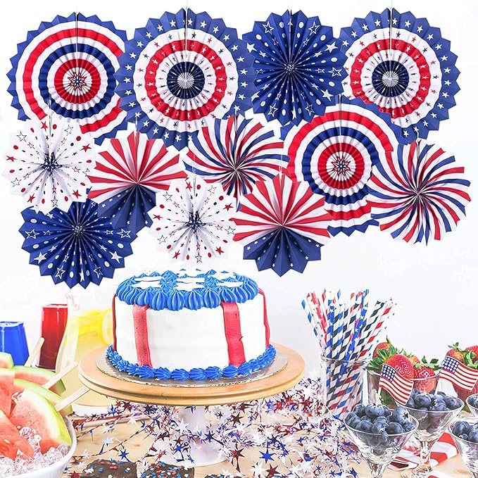 4th of July Patriotic Decorations 12PCS Hanging Paper Fan for USA Patriotic Decorations Independence Day Memorial Day American Theme Party Veterans Birthday Decor Supplies