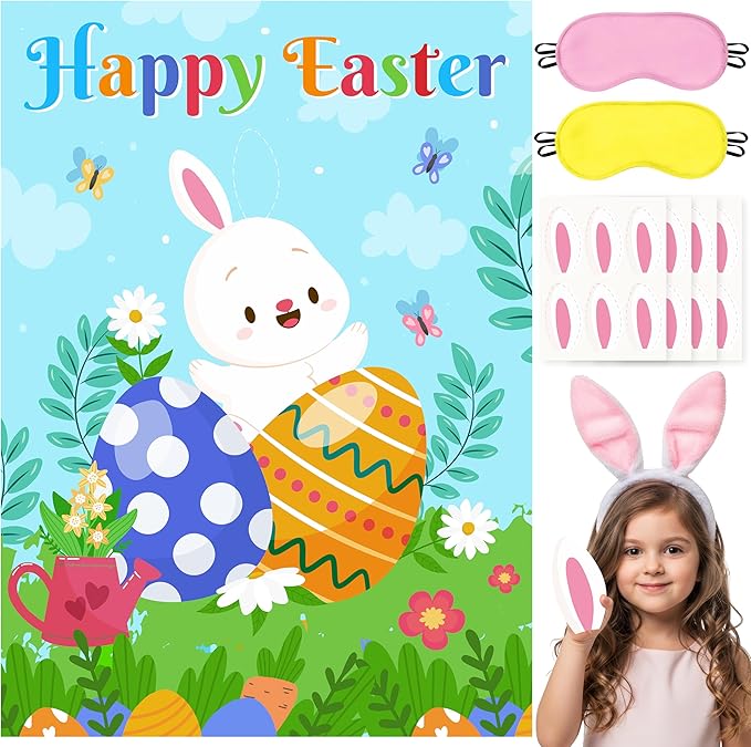 Pin The Ears on The Bunny Game for Kids, Happy Easter Rabbit Poster with 24Pcs Stickers Fun Family School Classroom Activities Spring Holiday Egg Hunt Birthday Party Decoration Supplies Wall Decor