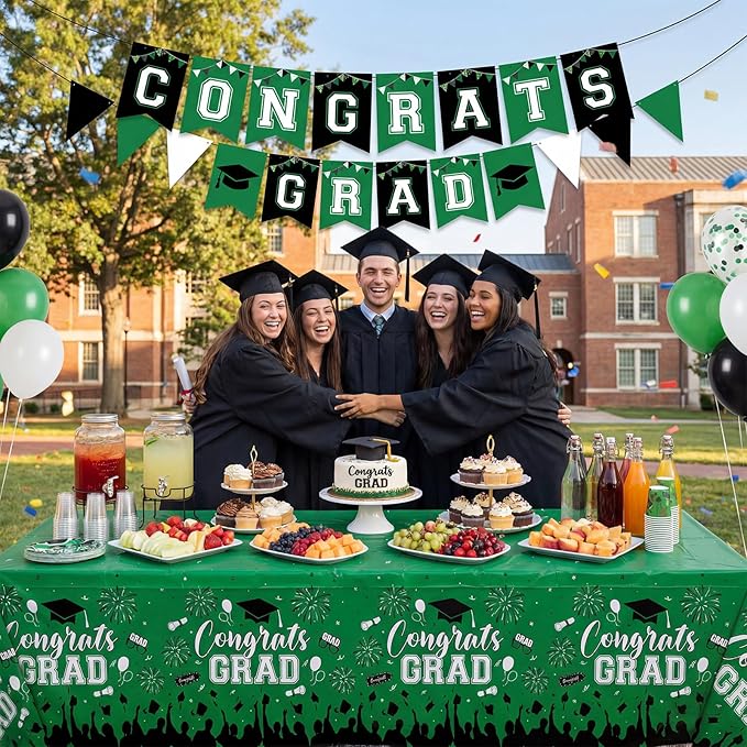 3 Pack Plastic Graduation Tablecloth, Graduation Decorations 2026 Disposable Rectangle Green Black Table Cover, 2026 Gongrats Grad Table Cloths for Graduation Party Decorations, 54x108Inch
