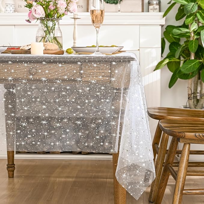 Horaldaily White Silver Sparkling Star Gauze Tablecloth 60x60 Inch Square, Silver Star Sequin Glitter Metallic Foil, Sheer Tulle Cheesecloth for Wedding Baby Shower Party