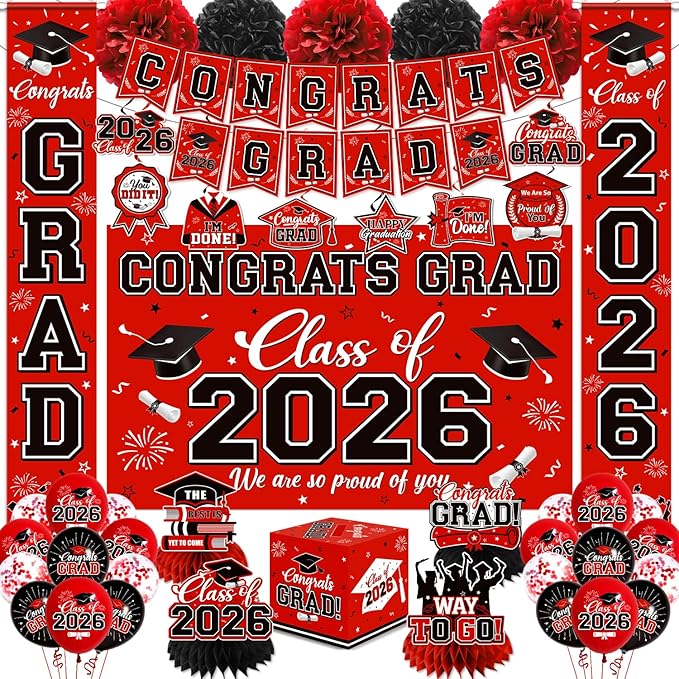 Graduation Decorations 2026 Red Party Decor Set with Congrats Grad Banner, Class of 2026 Backdrop, Balloons, Box & Streamers Supplies for High School & College Celebrations