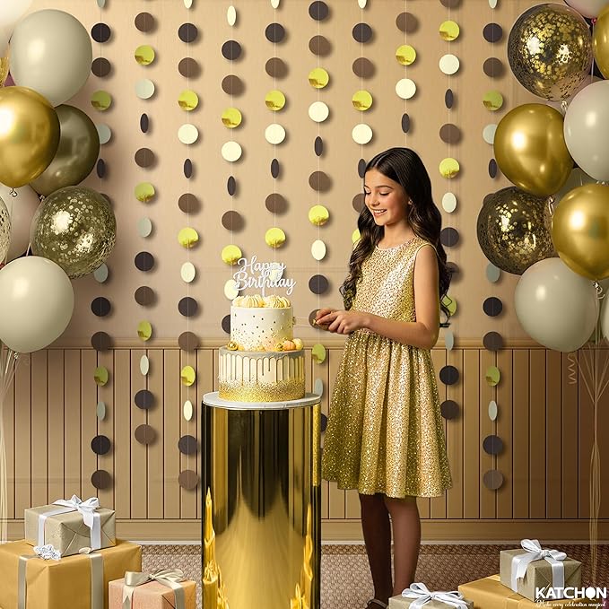 KatchOn, Pre-Strung Circle Gold and Brown Paper Garland - 65 Feet, Pack of 5 | Graduation Decorations 2026 | Black Gold Birthday Decorations | Graduation Backdrop 2026