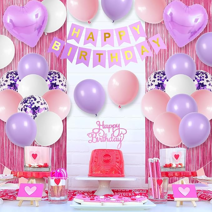 Pink Purple Birthday Decorations for Girls,Happy Birthday Party Decorations for Women,Pink Fringe Curtain Happy Birthday Banner Confetti Balloons Purple Heart Foil Balloons for Birthday Princess Party