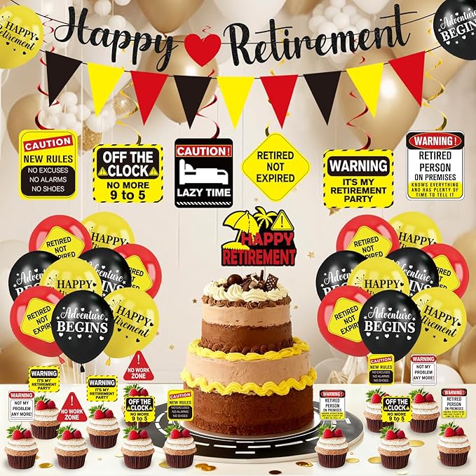 39pcs Funny Retirement Party Decorations for Men Women, Vintage Caution Happy Retirement Banner Balloons Hanging Swirls Pennants Cake Cupcake Toppers Funny Retired Party Supplies for Farewell
