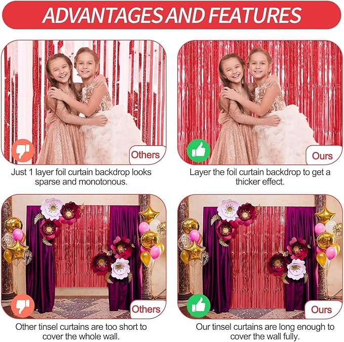 Crosize 8 Pack 3.3 x 9.9 ft Red Foil Fringe Curtains Party Decorations, Tinsel Curtain for Birthday Bachelorette Valentines Day Graduation Parties, Door Streamers
