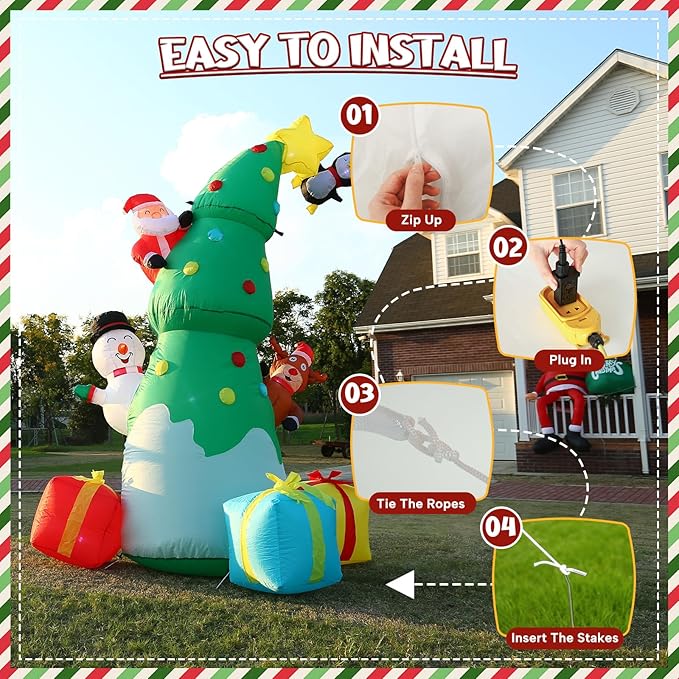 JOYHALO 7FT Inflatable Christmas Tree with Santa Snowman Penguin Reindeer Gift Box, Christmas Inflatables Outdoor Decorations with Bright LED Lights, Christmas Blow Up for Indoor, Lawn, Party Decor