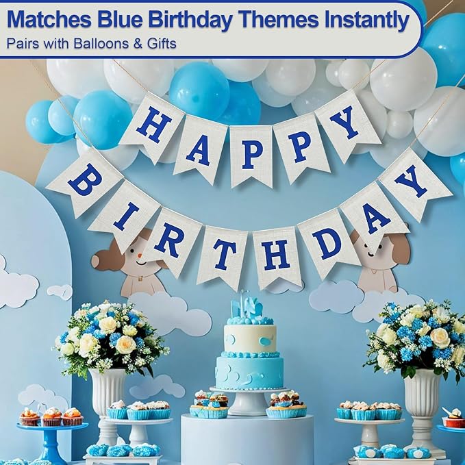 Happy Birthday Banner - Pre‑Strung Burlap Birthday Decorations and Reusable Birthday Sign for Men, Women & Kids | Party Supplies Backdrop (Navy Blue)