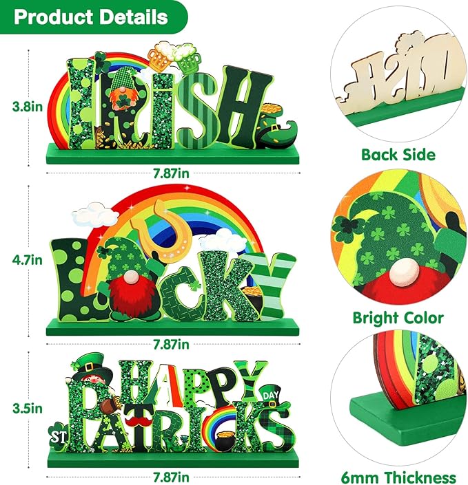 Hommtina 3 Pcs St. Patrick's Day Table Decoration Shamrock Sign Table Centerpiece