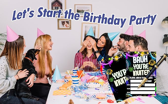 CLIRBE Bruh Birthday Party Invitations, Glow Neon Invited Birthday Invitations For Brother Bro Teen Boys, 20 Invites Cards With 20 Envelopes, Party Supplies Favors -H02