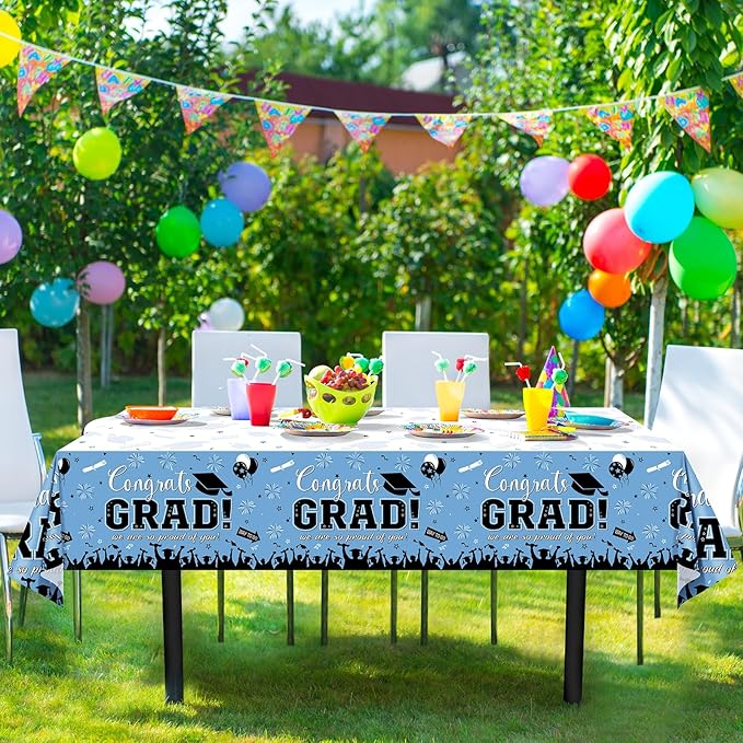 3 Pack Graduation Tablecloth Party Decorations, Class 2026 Congrats Grad Plastic Tablecover Party Supplies, Light Blue Rectangle Graduation Table Decorations for College High School Party, 54x108 Inch