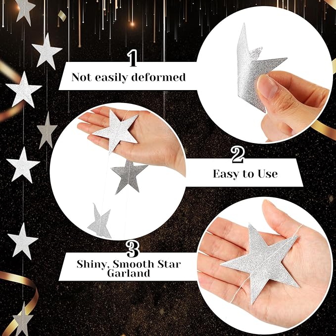 Spakon 65 Feet Glitter Star Paper Garland Banner Hanging Decoration Star Streamers Double Side 2026 Graduation Decorations for Wedding Birthday Festival New Year Party Decoration (Glitter Silver)