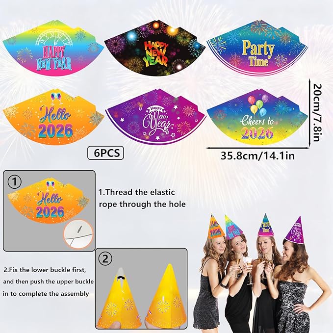 New Years Eve Party Supplies 2026 New Year Party Decorations Happy New Year Banner 2026 Foil Balloons Colorful Fringe Curtain Glasses Headbands Hats Noisemakers Wrist Wreaths New Year's Party Favors