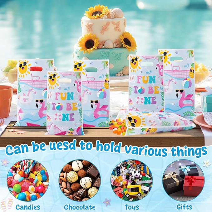 Summer Pool Party Favor Bag - 50Pcs Beach Fun to Be One Goody Candy Treat Gift Bag Summer Flamingo Beach 1st Birthday Party Decoration for Kid Girl First Birthday Hawaiian Swimming Pool Event Supplies