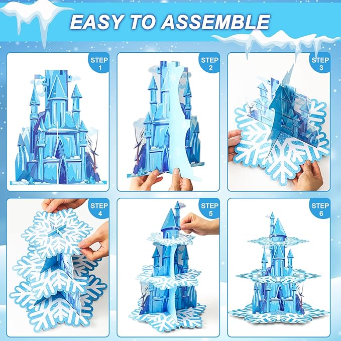 BenLouis 3 Tier Frozen Cupcake Stand - Frozen Birthday Party Supplies Winter Wonderland Baby Shower Cake Table Decoration Snowflake Cupcake Holder for Girl Kids Winter Blue Princess Party Favor