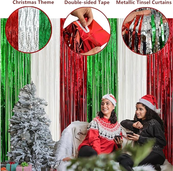 3 Pack Christmas Foil Fringe Curtains, 3.3 x 6.6 ft Red Silver Green Tinsel Fringe Party Photo Backdrop for Christmas, New Year,Ugly Sweater Party Decorations