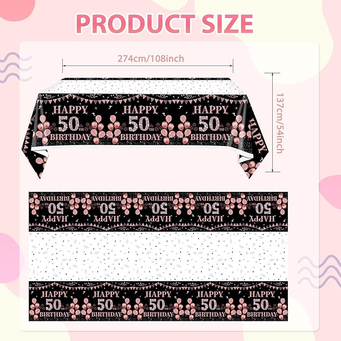 3 PCS Happy 50th Birthday Tablecloth Decorations Black and Rose Gold Theme Tablecloth Plastic Disposable Table Decorations for Women Birthday Anniversary Celebration Party Supplies