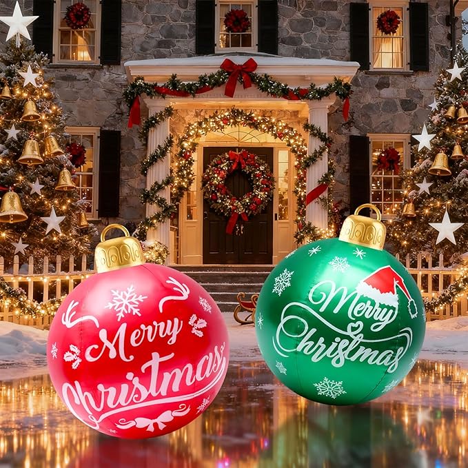 2 Pcs 24-Inch Christmas Ornaments, Large Flocked PVC Decorative Balls Christmas Themed Party Ornaments for Lawn, Garden, Patio and Indoor Decor (Red,Green)