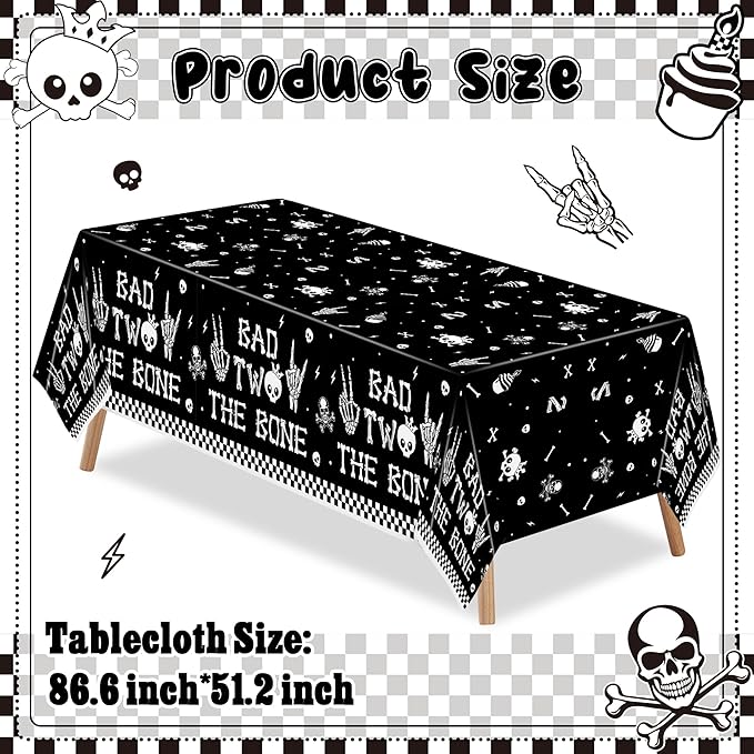 K1tpde 3PCS Bad Two The Bone Party Tablecloth for Kids, Music Themed 2nd Black Plastic Tablecloth, Rock and Roll 2nd Disposable Table Covers for Birthday Decoration, Skeleton Party Supplies