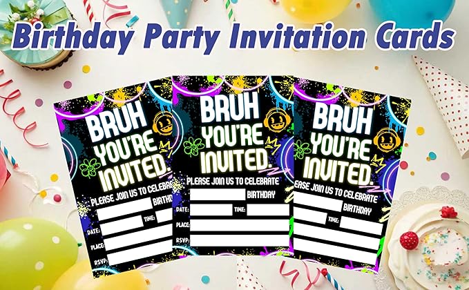 CLIRBE Bruh Birthday Party Invitations, Glow Neon Invited Birthday Invitations For Brother Bro Teen Boys, 20 Invites Cards With 20 Envelopes, Party Supplies Favors -H02