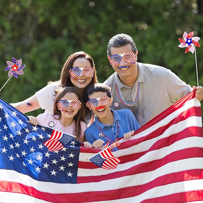156 PCS 4th of July Accessories Patriotic Party Favors American Flags Glasses Slap Bracelets Pinwheels Tattoo Stickers Brooches Beards Necklaces for Independence Day Memorial Day