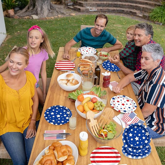 60pcs 4th of July Party Supplies Set American Flag Patriotic Party Paper Plates Disposable Red White Blue Star Dinnerware for Veterans Election Day 4th of July Independence Day Decorations Serve 60