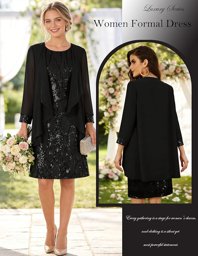 GRACE KARIN Women's Sequin Dress - Wedding Guest & Mother of The Bride Formal Dress - Two Piece Knee Length