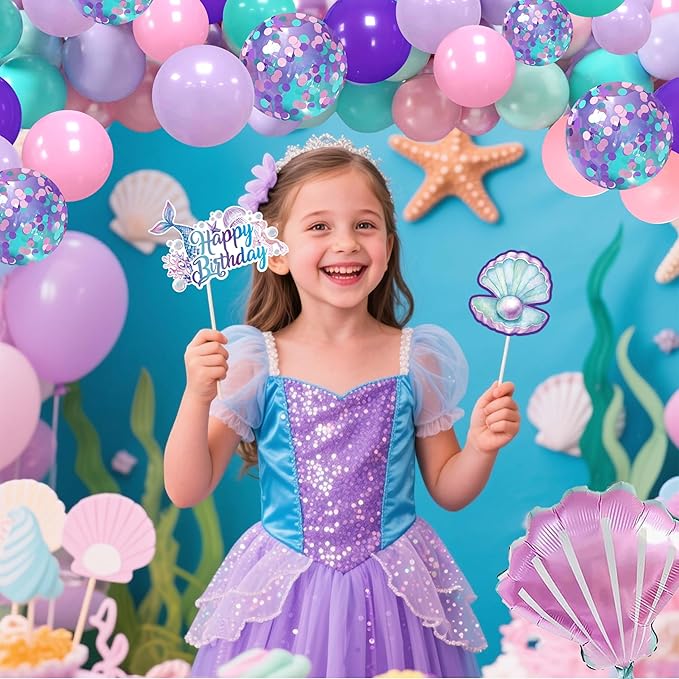 Mermaid Birthday Decorations for Women,Happy Birthday Banner, 35 Balloons,Photo Booth Props for Kids Girls