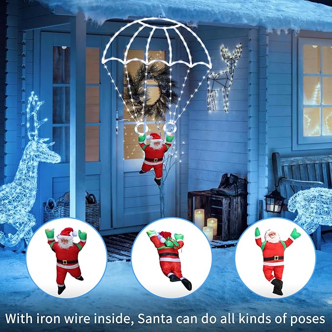 Toodour Christmas Decorations Lights Outdoor, 2.8FT Christmas Parachute Lights with Santa Claus, Waterproof 8 Modes Hanging White Xmas Light - Holiday Decorative Light for Indoor Eave Roof