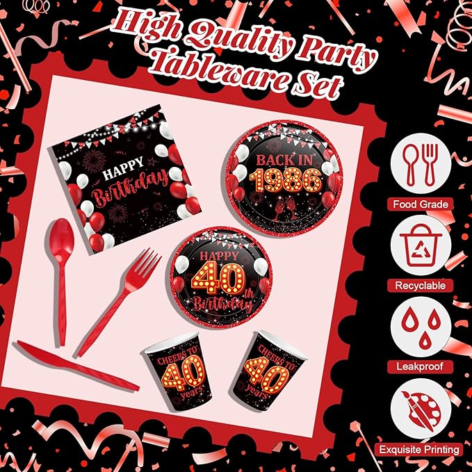 240 Pcs 40th Birthday Decorations 1986 Birthday Party Tableware Include Plates Napkins 9oz Cups Cutlery 40th Anniversary Party Supplies for Men Women Him Her, Serve 30 Guests (Black Red)